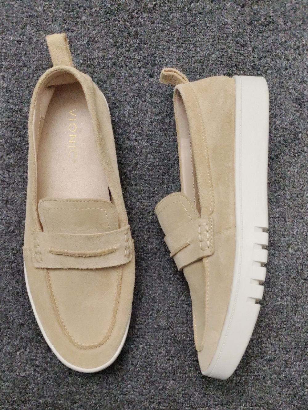Vionic "Chantel" Beige Suede Loafers with White Soles